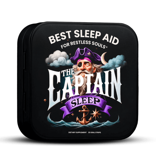 The Captain Sleep natural sleep supplement packaging featuring 30 oral strips with melatonin for fast and effective sleep aid.